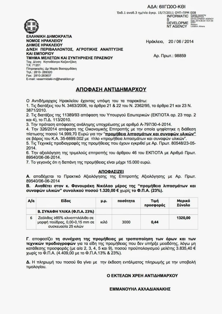 ΔΗΜΟΣ ΗΡΑΚΛΕΙΟΥ Δ/ΝΣΗ ΠΕΡΙΒΑΛΛΟΝΤΟΣ, ΑΓΡΟΤΙΚΗΣ ΑΝΑΠΤΥΞΗΣ ΚΑΙ ΕΜΠΟΡΙΟΥ – ΑΠΟΦΑΣΗ ΠΡΟΜΗΘΕΙΑΣ ΖΕΟΛΙΘΟΥ