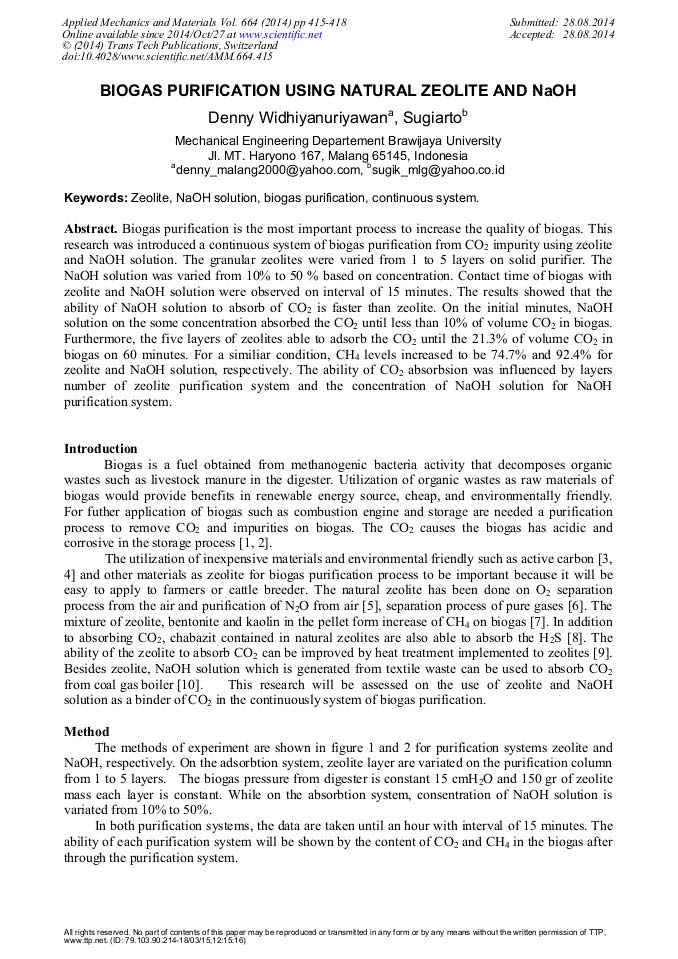 Biogas Purification Using Natural Zeolite and NaOH
