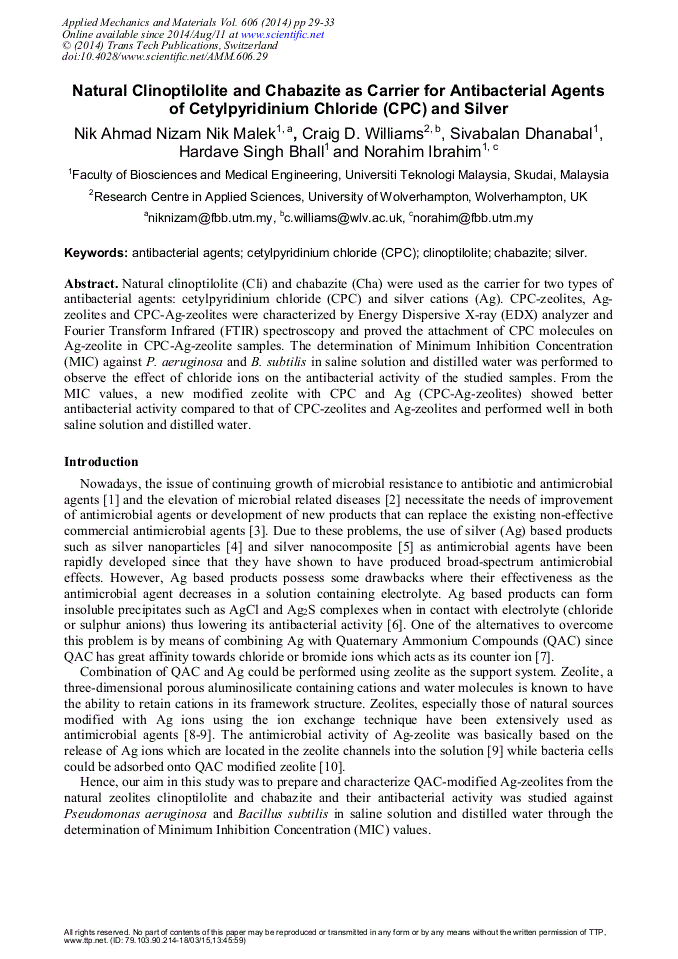 Natural Clinoptilolite and Chabazite as Carrier for Antibacterial Agents of Cetylpyridinium Chloride (CPC) and Silver
