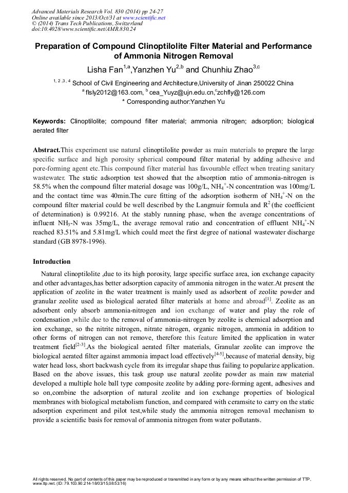 Preparation of Compound Clinoptilolite Filter Material and Performance of Ammonia Nitrogen Removal