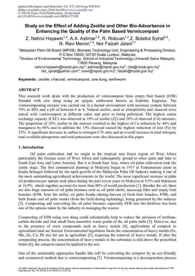 Study on the Effect of Adding Zeolite and other Bio-Adsorbance in Enhancing the Quality of the Palm Based Vermicompost