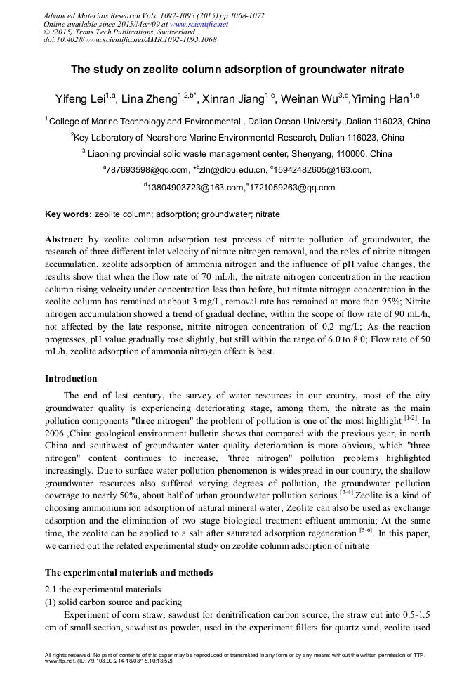 The Study on Zeolite Column Adsorption of Groundwater Nitrate